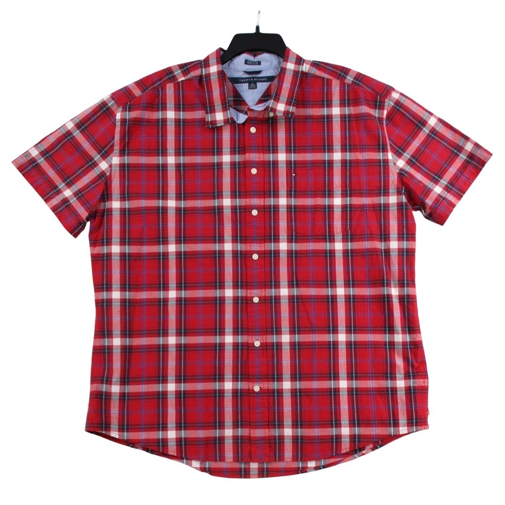 Tommy Hilfiger Mens XXL Red Plaid Short Sleeve Button Down Shirt Classic Fit